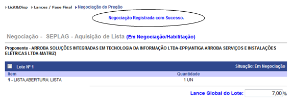 Passo 20: O pregoeiro preenche o novo valor percentual negociado (se houver ajuste no mesmo) e clica no botão GRAVAR NEGOCIAÇÃO para registrar o novo valor.