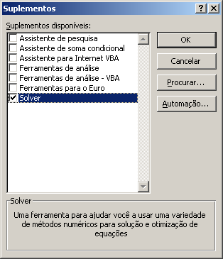 sensibilidade é realizada sem a necessidade de novas execuções do solver. Assume-se que o solver está devidamente instalado na planilha Excel disponível para uso do leitor.