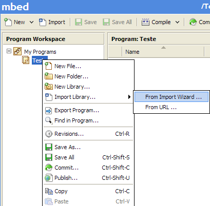 MBED Compiler Biblioteca mbed Na seção Program Workspaceclique com o botão