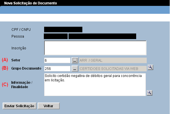 Figura 3. Tela que apresenta os dados informados e os documentos já solicitados para essa pessoa.