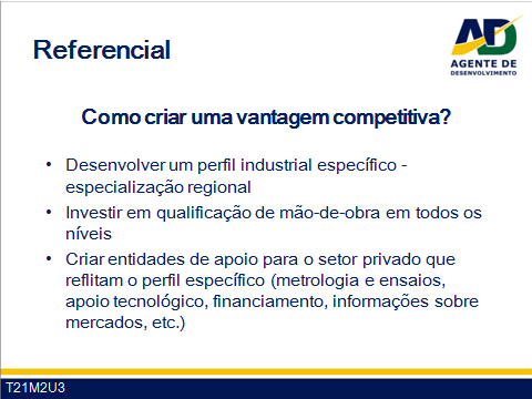 Guia do Facilitador Curso para Agentes de Desenvolvimento 12 Para tornar mais claro o conceito de vantagem competitiva dinâmica o