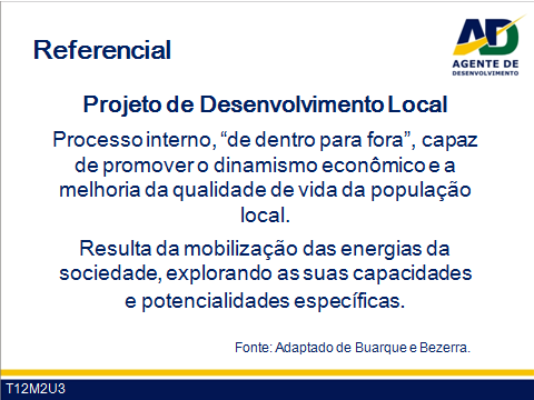 Guia do Facilitador Curso para Agentes de Desenvolvimento 8 Em seguida, usa T12M2U3, para explicar o conceito de Projeto de Desenvolvimento Local.