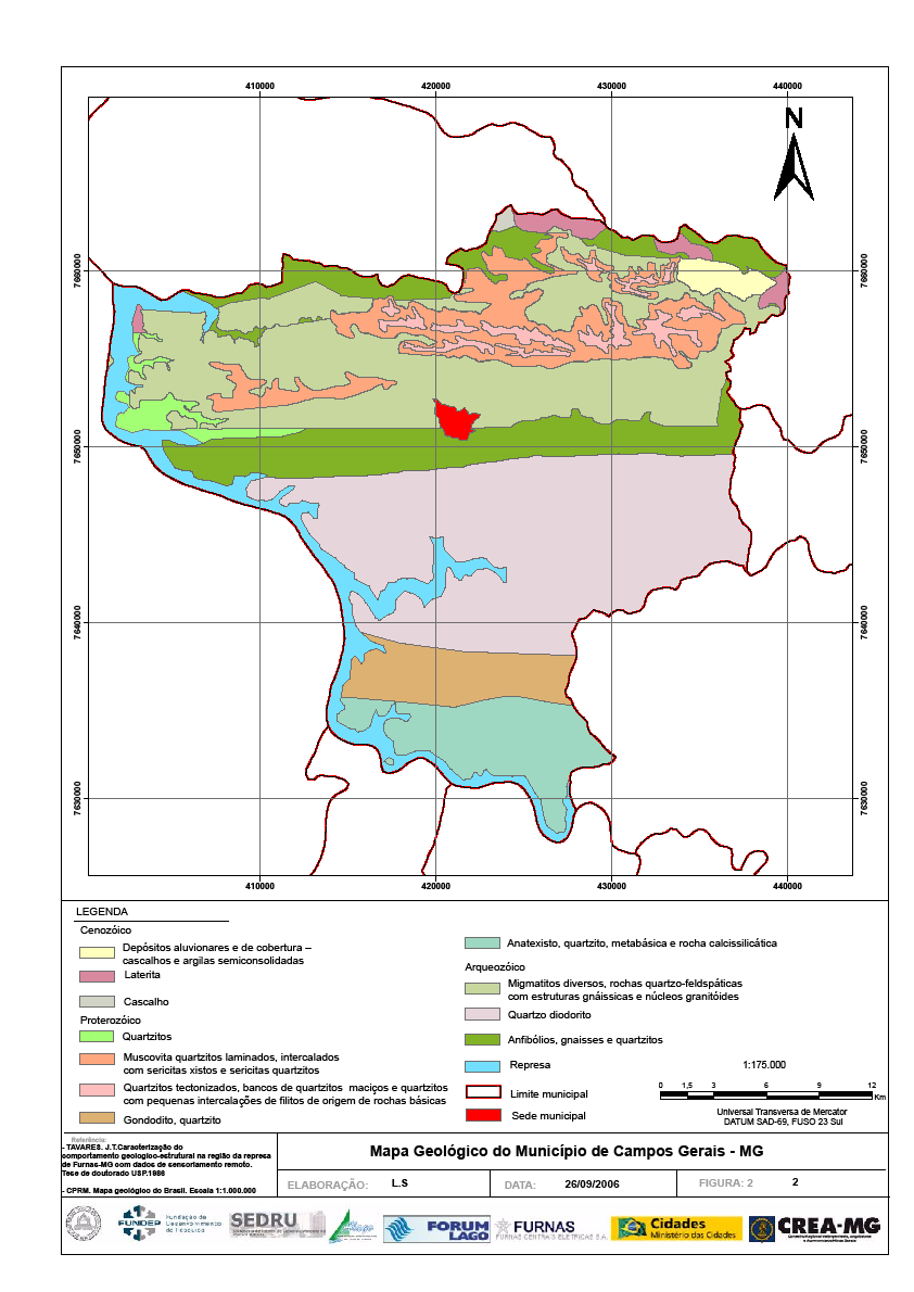 por duas faixas com largura menores, caracterizadas por gonditos e anatexitos e rochas metabásicas e calcissilicáticas (UFMG, 2007). Figura 2- Mapa geológico do município de Campos Gerais.