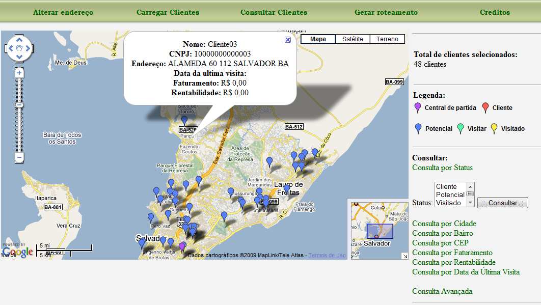 Por fim, o sistema carregará a carteira do cliente e calculará todas as distâncias do ponto de partida aos clientes, entre os clientes e dos clientes ao ponto de partida, armazenando essas