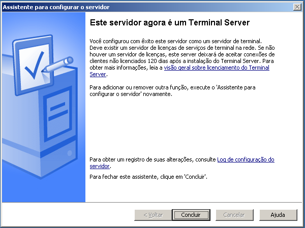 Aparecerá uma mensagem informando que o servidor terá de ser reiniciado durante a instalação do TS: Ao ser reiniciado, o Windows Server 2003 mostrará uma tela informando que o servidor agora funciona