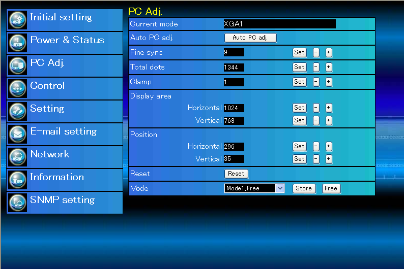 Capítulo 4 Controlar o projector Ajuste de PC Faça clique em PC Adj. no menu principal.
