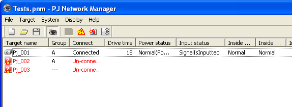 Quando ocorre o alerta no alvo Quando ocorre o alerta no alvo Se ocorrer um erro de anormalidade ou ligação no alvo, o PJ Network Manager apresenta o nome alvo, ícone e estado do item da coluna a