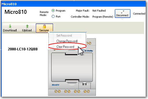 Apêndice C Inícios rápidos Apague a senha Com uma sessão autorizada, você pode apagar a senha no controlador desejado por meio do software Connected Components Workbench. 1.