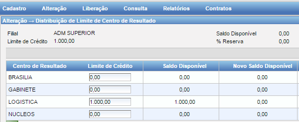 Figura 9: Relação de filiais disponíveis para consulta, após clicar no botão Pesquisar. Selecione a filial desejada para listar os Centros de Resultado correspondentes.