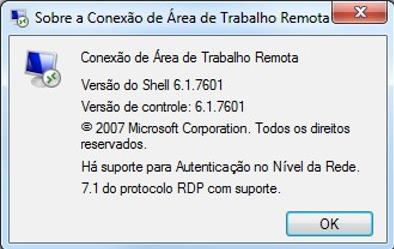 Geralmente ocorre o problema se o cliente RDP estiver desatualizado, como o da imagem abaixo: Figura 3 Tela Sobre a Conexão de Área de Trabalho Remota.