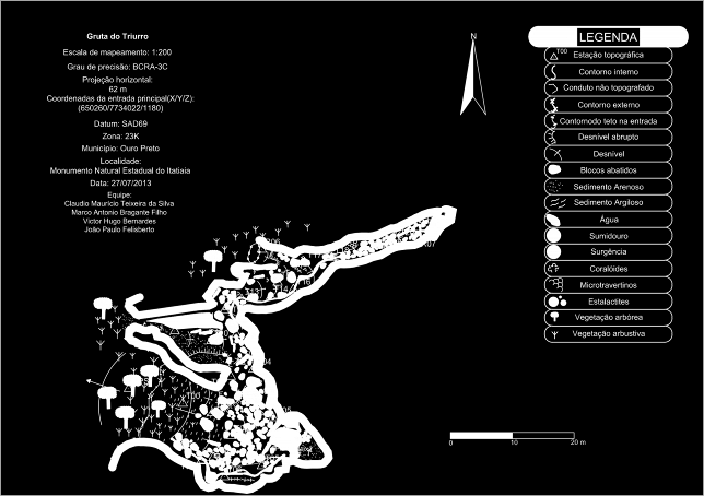 Figura 3. Mapa espeleológico da Gruta do Muro. Figura 4. Mapa espeleológico da Gruta do Triurro. Tabela 4 Cavidades da área que apresentaram critérios de média relevância e seus respectivos atributos.