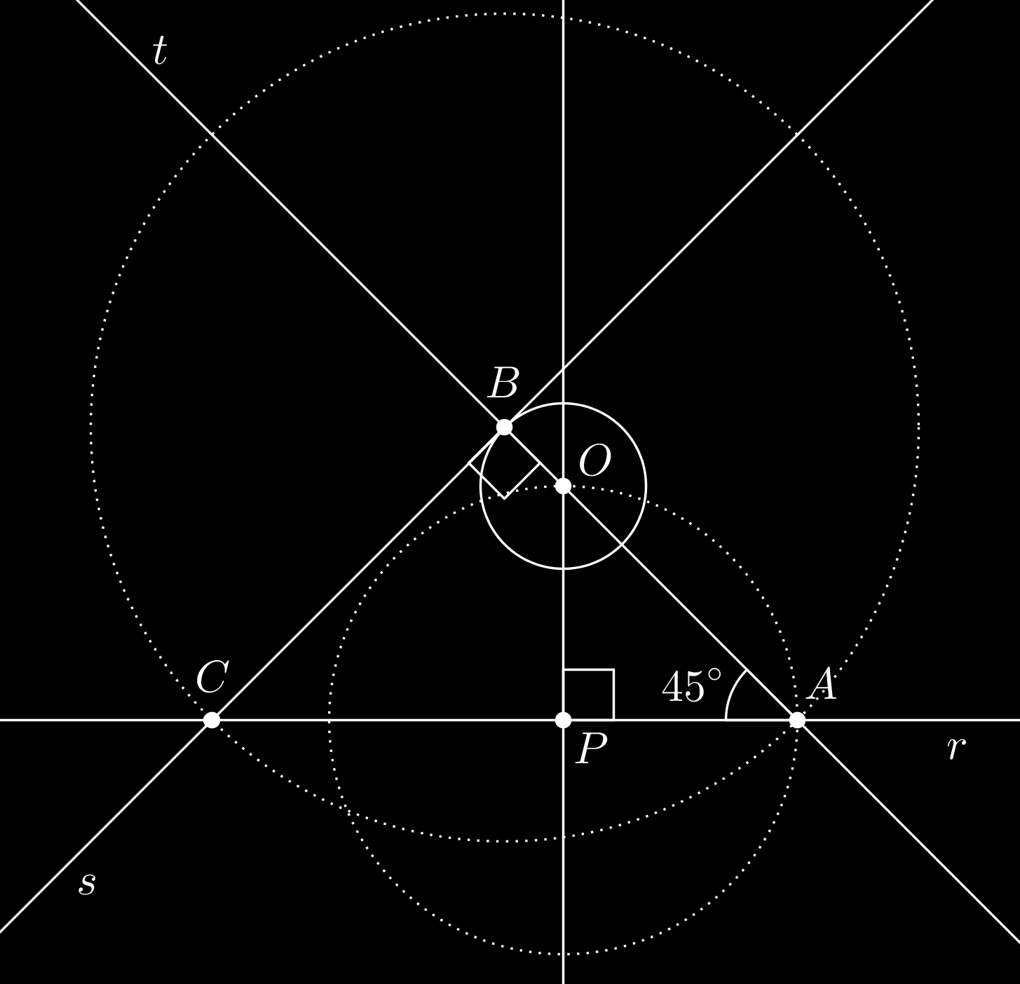Uma possível construção está representada acima e descrita abaixo: 1. Trace a reta perpendicular a r passando por O e seja P sua interseção com r.