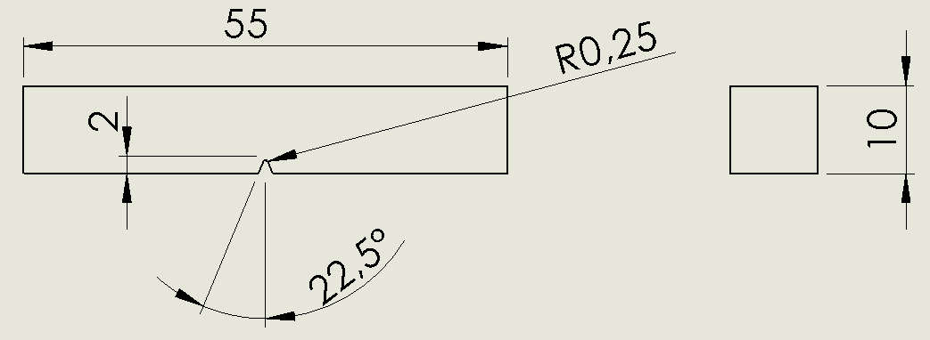 25 Figura 14 - Dimensões do corpo de prova de tração Para o ensaio de resistência ao impacto por Charpy-V, o corpo de prova confeccionado atendeu às dimensões determinadas pela