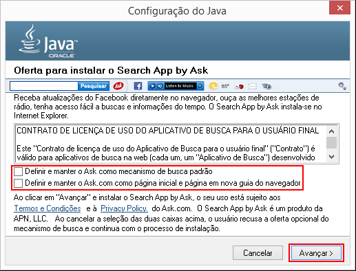 Após o Instalador baixar (fazer o download) do java, ele abrirá a tela de configuração.