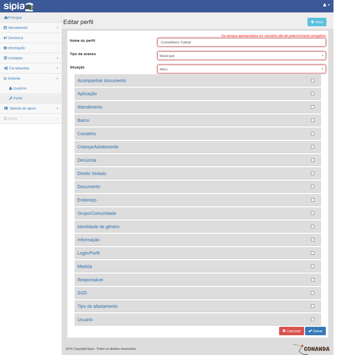 Quando o usuário seleciona a opção de editar um registro na listagem, o sistema exibi o formulário para preenchimento da informação. Todos os campos em vermelho deverão ser preenchido.