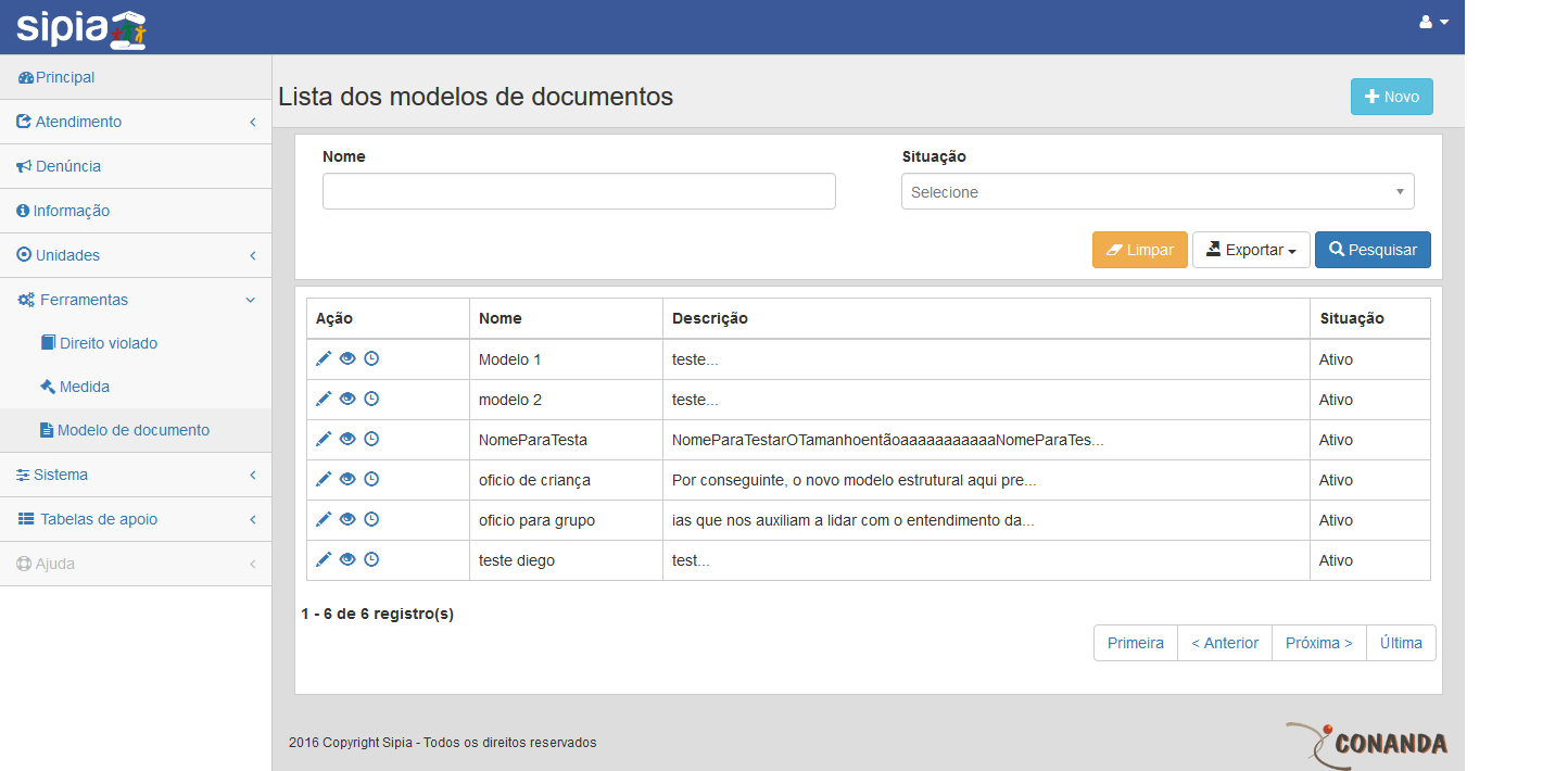 Quando o usuário seleciona o menu ferramentas é acessa a funcionalidade de modelo de documento então o sistema