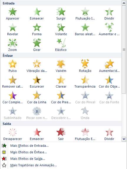 Escolhe um efeito de animação para adicionar aos objetos selecionados, a nova animação será aplicada após qualquer animação já existente no slide. Painel de ativação Mostra / Oculta o painel.