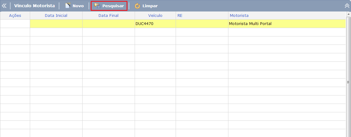 Esta tela é destinada para efetuar a pesquisa referente ao vínculo motorista individual cadastrado.
