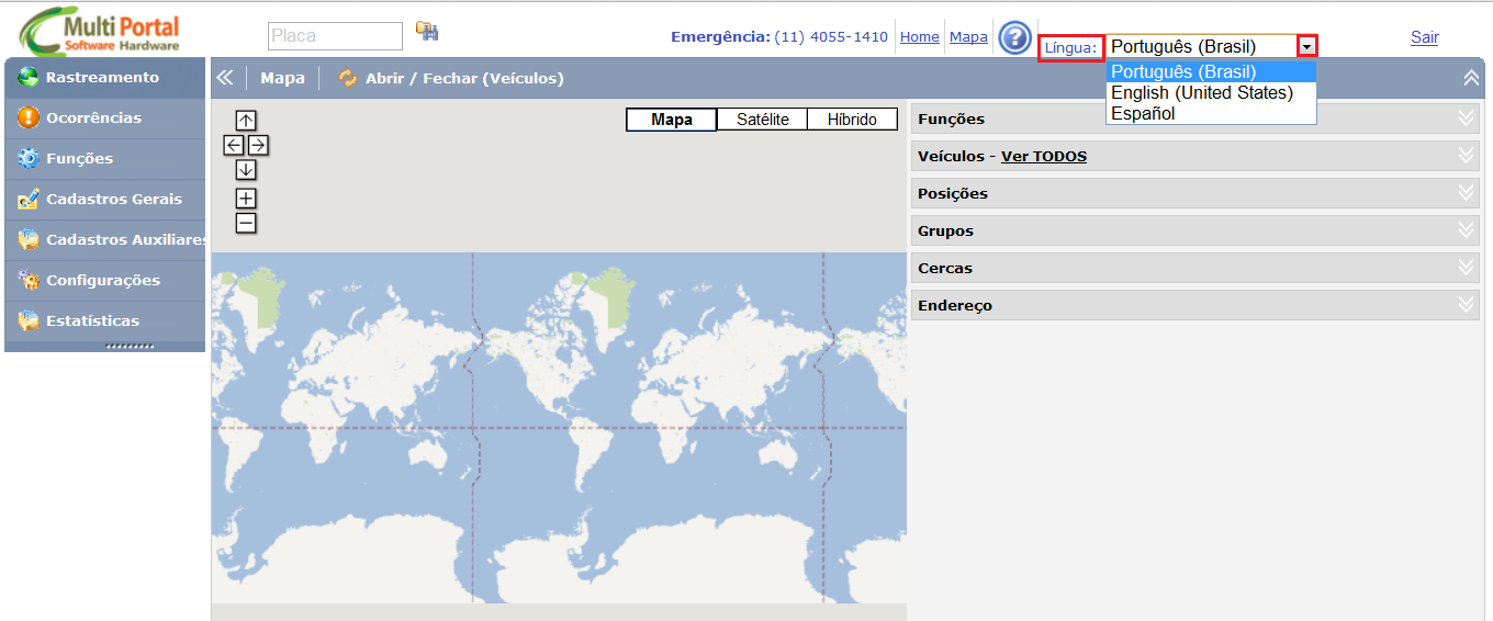 Definição do Idioma O software da Multi Portal é disponibilizado em três idiomas: Português (Brasil) English (United States) Español Para selecionar o idioma basta clicar sobre seta e escolher a