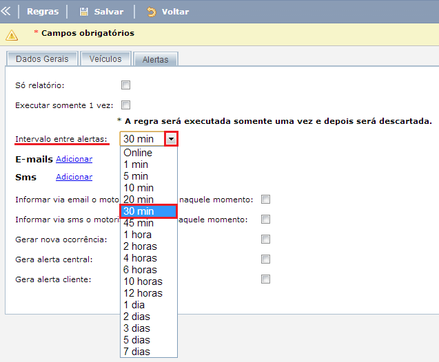 adicionar basta clicar sobre a seta ao lado do campo e selecionar o intervalo entre alertas, observe o exemplo a seguir: E-mails/Sms: Este campo é destinado para configurar o local de recebimento dos