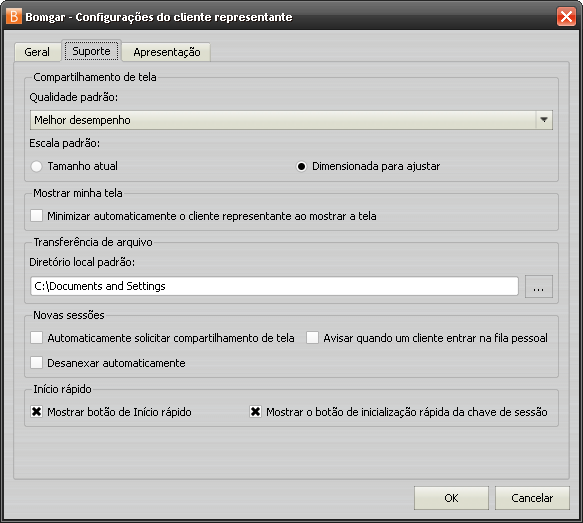 Configurações Clique em Configurações para configurar suas preferências. Escolha receber um alerta quando o cliente entrar na sua fila ou uma sessão necessitar de atenção.