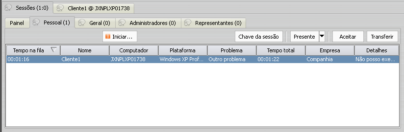 Quando o cliente executar o cliente, ele aparecerá em sua fila pessoal. Se você possui uma licença Enterprise, configure por quanto tempo esta chave pode ser usada para iniciar uma sessão.