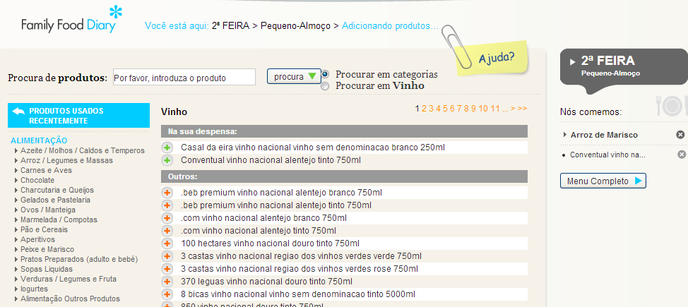 Uma vez introduzido o nome do Prato, seleccione todos os ingredientes com que elaborou o mesmo. Ao finalizar, clique em Prato Completo.