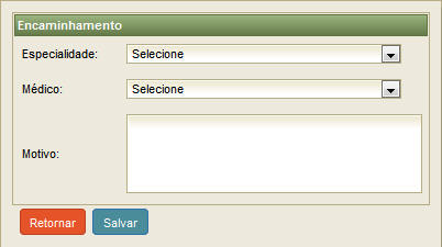 48 Este campo é utilizado apenas para o cadastro de informações, não possui validade para impressões. 4.4.4 Encaminhamento A tela de encaminhamento é utilizada para encaminhar o paciente para alguma outra especialidade, ou até mesmo para outro médico da mesma especialidade.