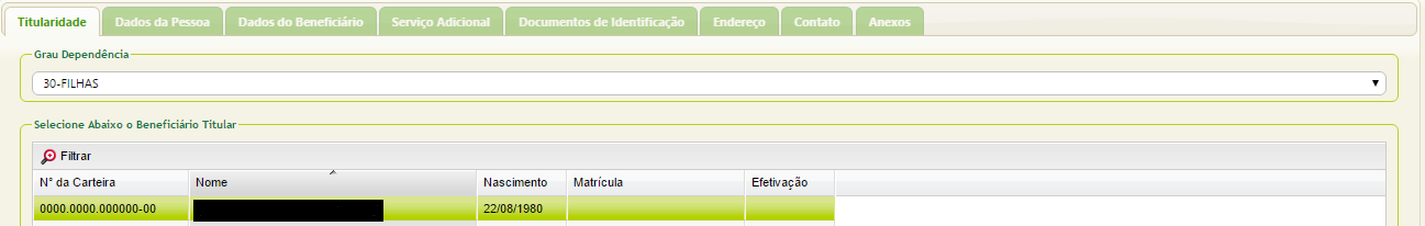 Listar Pendências para Correção passo 4 Após selecionar o ícone Alterar, abrirá a tela de Titularidade com o titular na primeira linha.