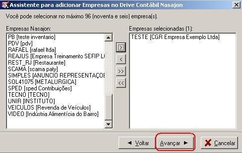 Selecione a(s) empresa(s) que deve(m) ser adicionada(s) ao NF Arquivo e, depois, clique no botão indicado (5). Clique em avançar (6). 6!