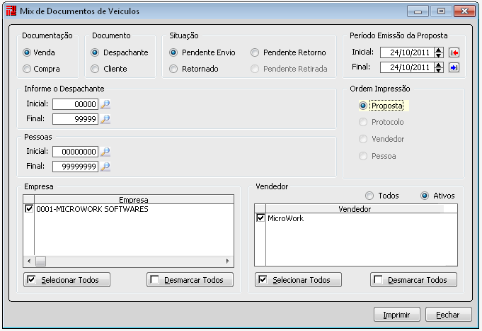 Relatórios Mix de Documentos de Veículos Com este relatório é possível listar os documentos de clientes e despachantes através da situação.