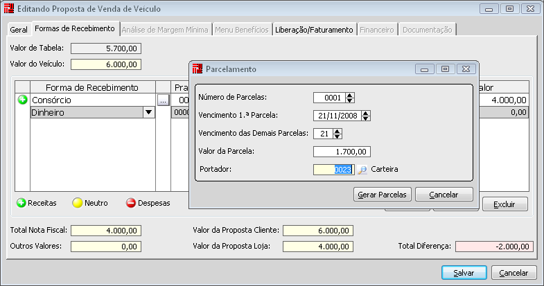 O valor do veículo é de R$ 5.700,00, inserimos uma venda de consórcio de R$ 4.