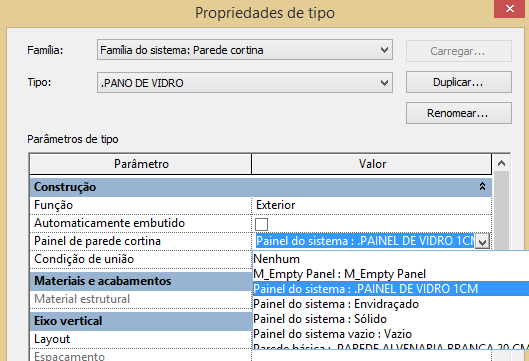 Ainda não aparece, pois só foi criada a parede. Voltar em planta e ver o deslocamento Aplicar o material de vidro na parede escolhida. Selecionar a parede > Duplicar >Renomear. (.