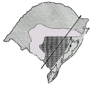 (PUC-RS) INSTRUÇÃO: Responder à questão com base no mapa abaixo, no qual aparecem, no sentido sudoeste - nordeste três unidades de relevo associadas à variação da legenda.