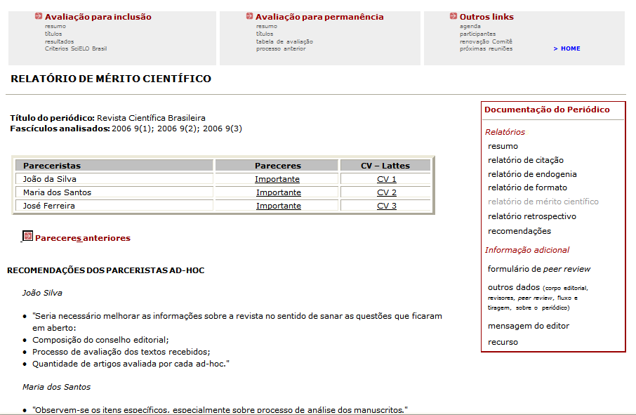 Relatório de Mérito Científico Links para os pareceres dos revisores ad hoc (desta e de reuniões anteriores); links para os cv