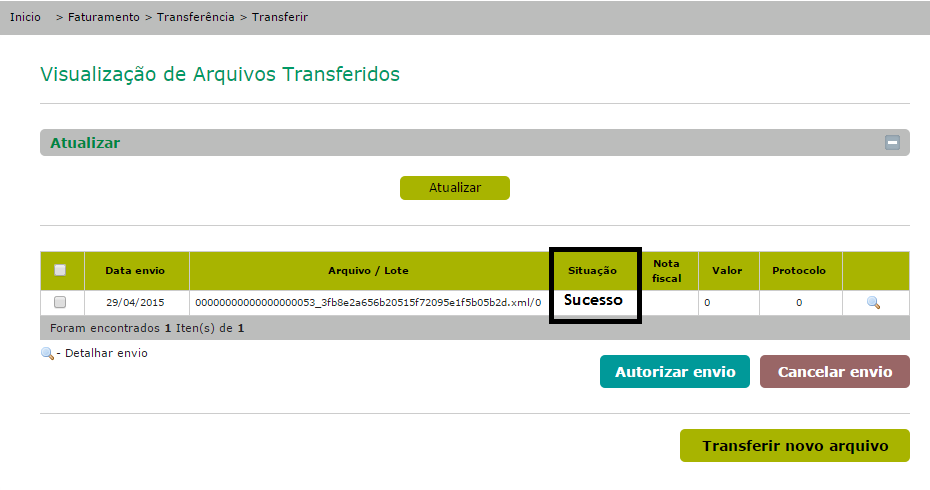 Nessa tela é possível visualizar o status do arquivo.