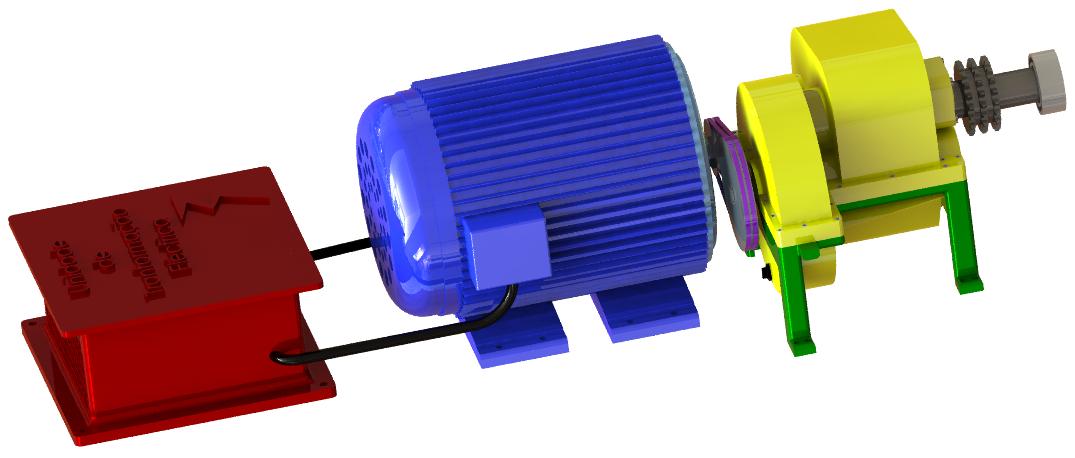 A polia de saída da caixa de velocidades transmite o movimento de rotação, por via de correias, a um gerador elétrico.
