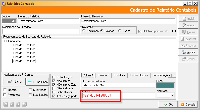 Parametrizada contas do plano de