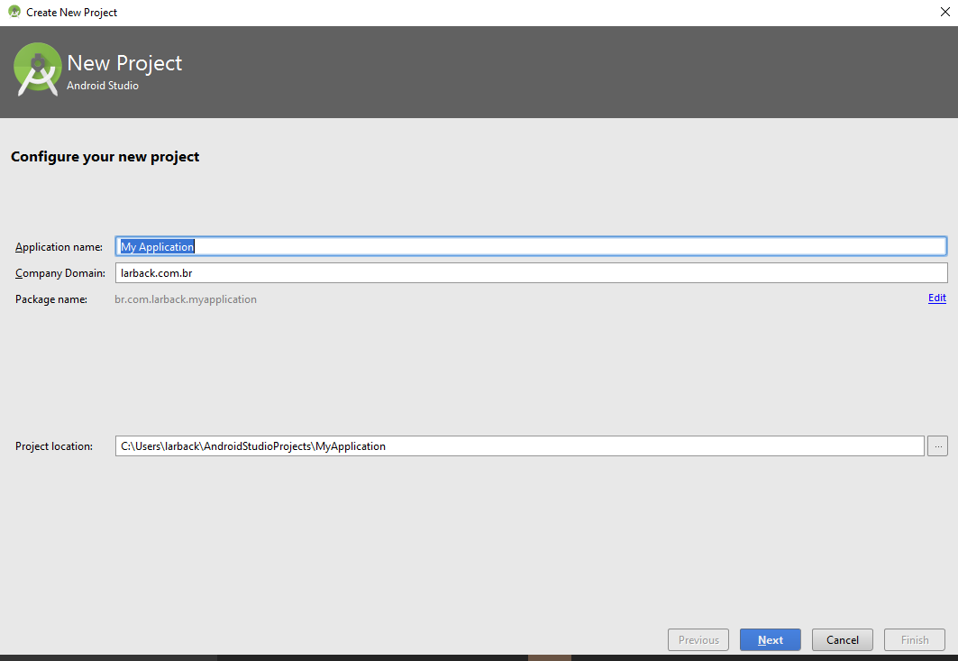 Primeiro projeto Com o Android Studio aberto, vá ao menu File -> new -> New Project Em Application