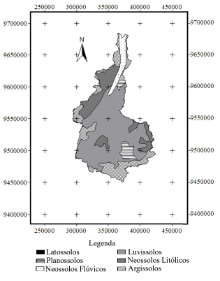 Mapa de vulnerabilidade da bacia do Acaraú, Ceará, à qualidade das águas de irrigação, pelo emprego do GIS no outono. As médias anuais da umidade relativa e da velocidade do vento são de 70% e de 2 m.