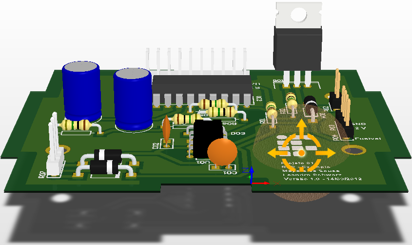 Visualização da placa em 3D Placa em 3D Vista do lado da Solda (vista inferior) Tecla de atalho: Shift + Botão direito do mouse; Utilizados para movimentar a placa