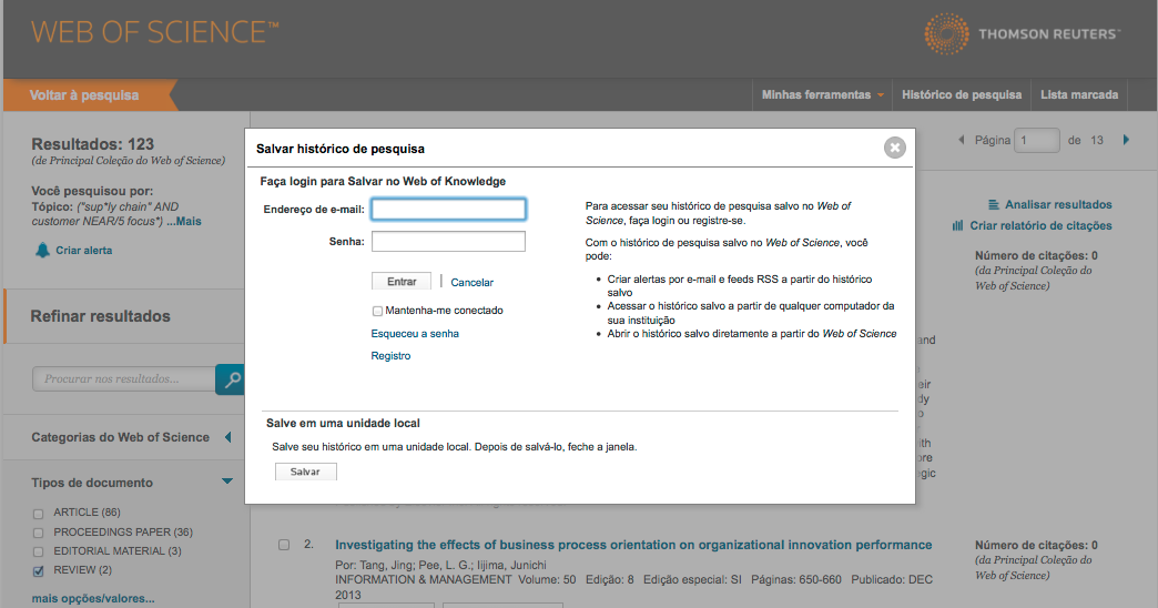 Web of Science: principais funcionalidades (4) Criar alertas: RSS ou e-mail