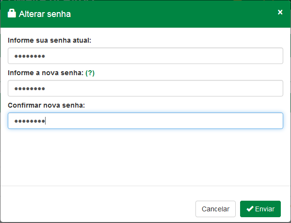 Será exibida a tela de alteração de senha. Informe a sua senha atual (recebida por e-mail), a sua nova senha e confirme a nova senha. A nova senha deve seguir o padrão de segurança.