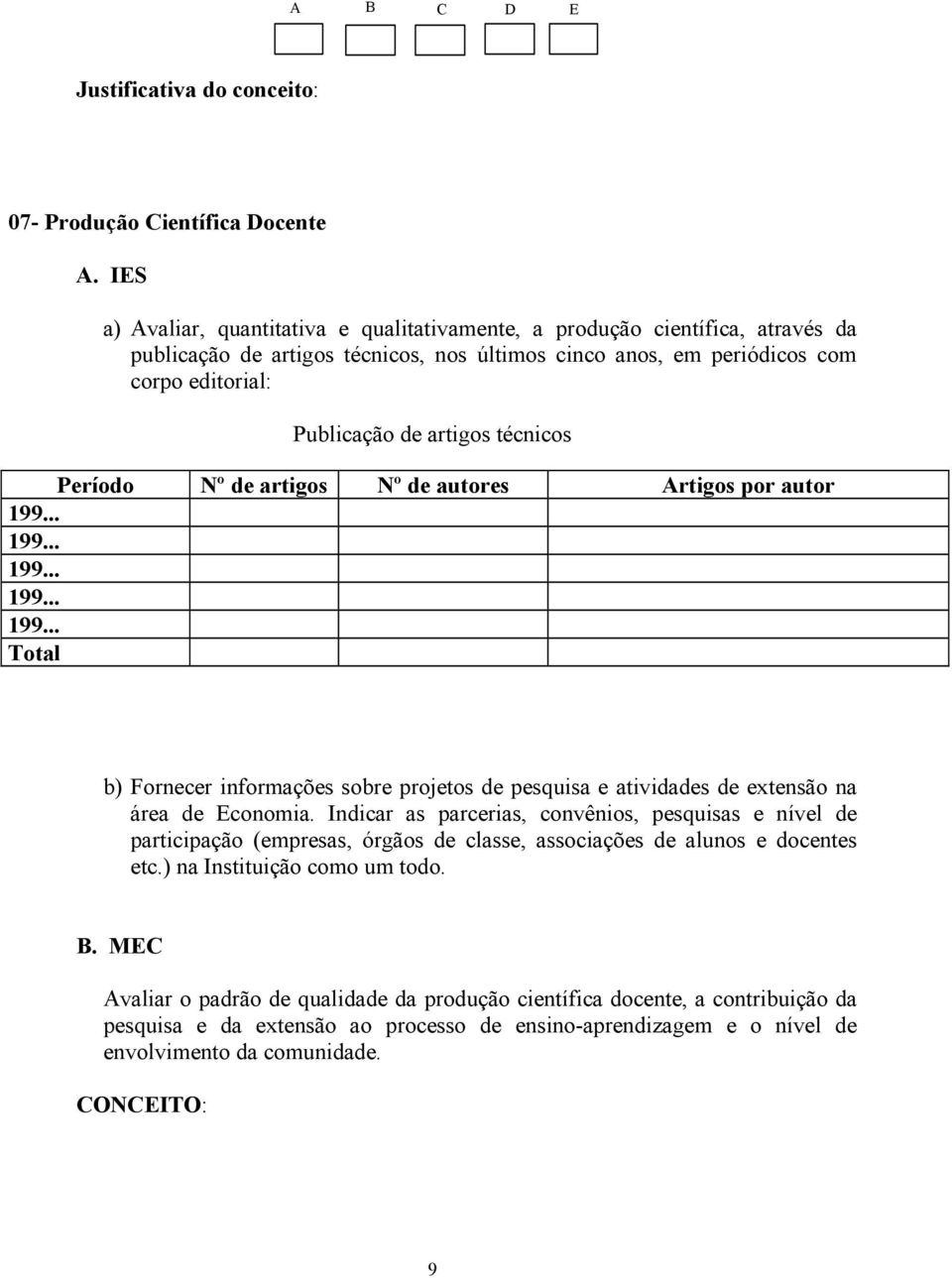 .. 199... 199... 199... 199... Total b) Fornecer informações sobre projetos de pesquisa e atividades de extensão na área de Economia.