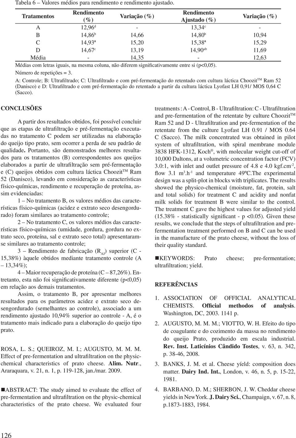 Médias com letras iguais, na mesma coluna, não diferem significativamente entre si (p<0,05). Número de repetições = 3.