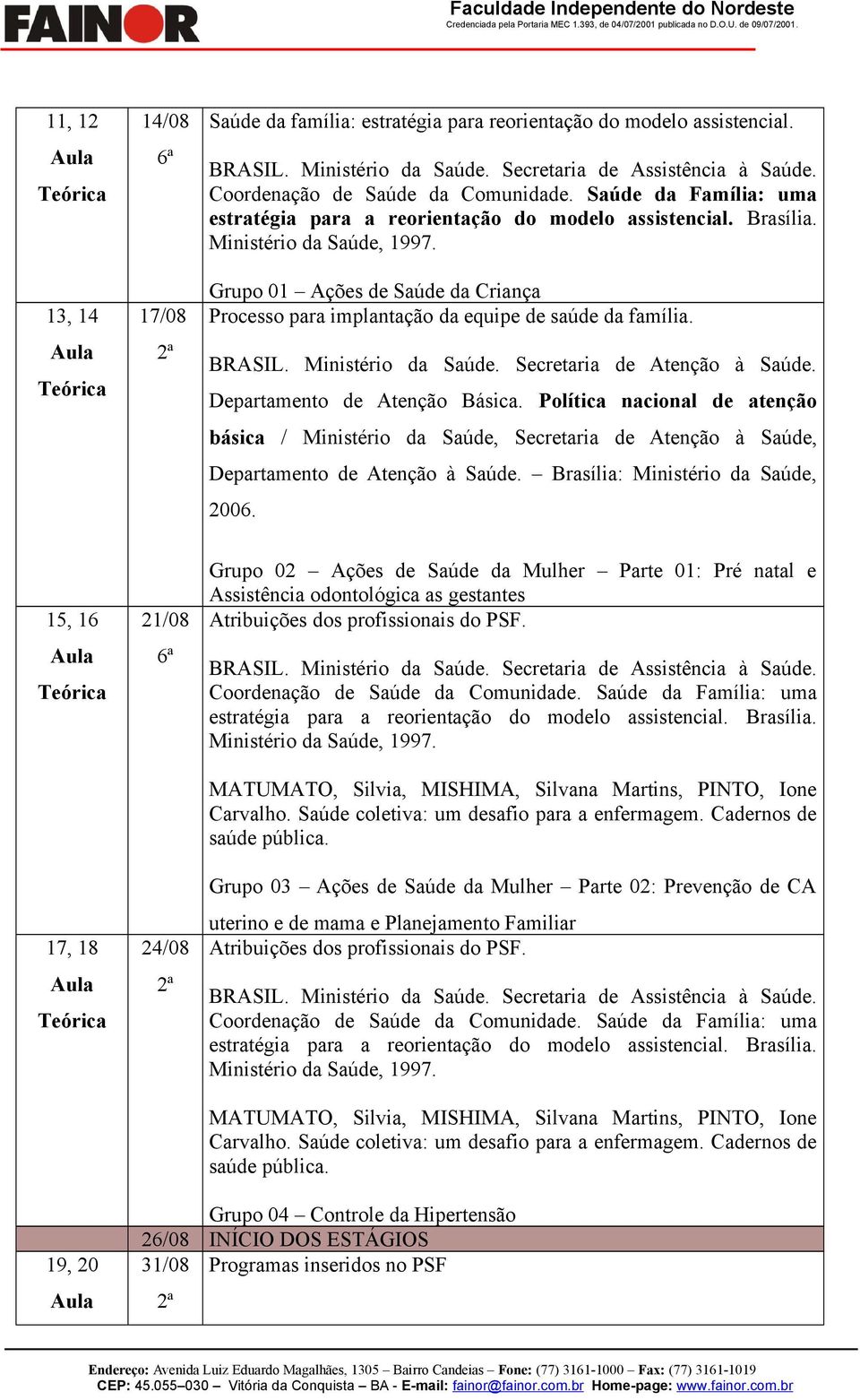 Grupo 01 Ações de Saúde da Criança Processo para implantação da equipe de saúde da família. BRASIL. Ministério da Saúde. Secretaria de Atenção à Saúde. Departamento de Atenção Básica.