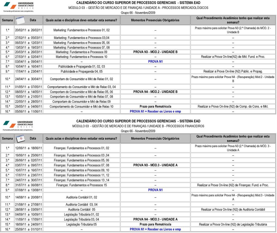 º 06/03/11 a 12/03/11 Marketing: Fundamentos e Processos 05, 06 4.º 13/03/11 a 19/03/11 Marketing: Fundamentos e Processos 07, 08 5.