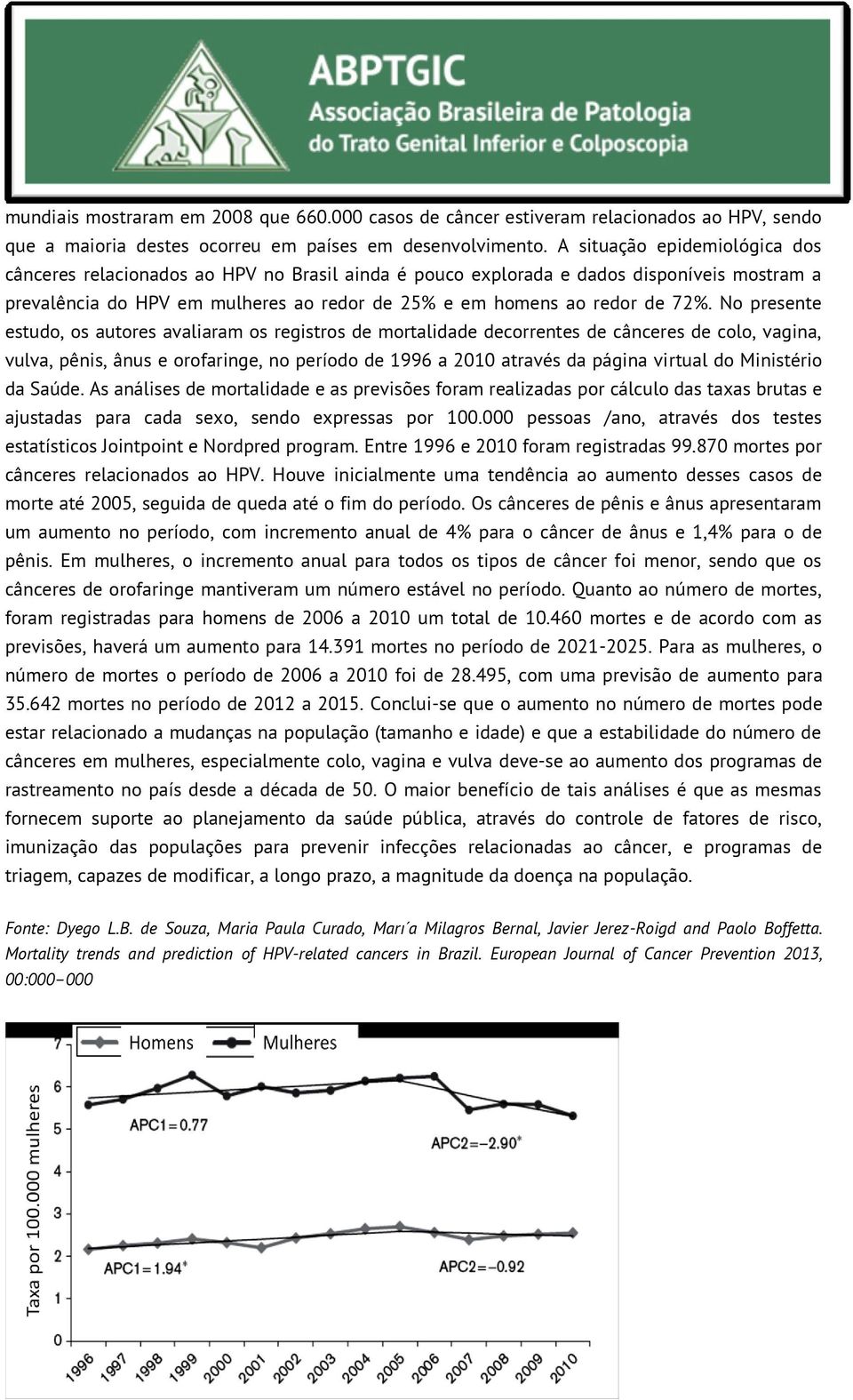 No presente estudo, os autores avaliaram os registros de mortalidade decorrentes de cânceres de colo, vagina, vulva, pênis, ânus e orofaringe, no período de 1996 a 2010 através da página virtual do