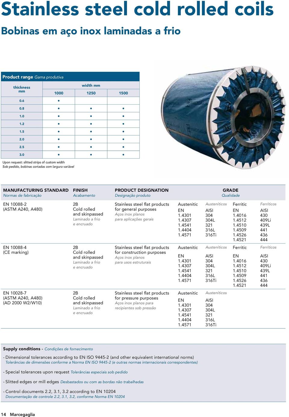 GRADE Qualidade EN 10088-2 (ASTM A240, A480) 2B Cold rolled and skinpassed Laminado a frio e encruado Stainless steel flat products for general purposes Aços inox planos para aplicações gerais