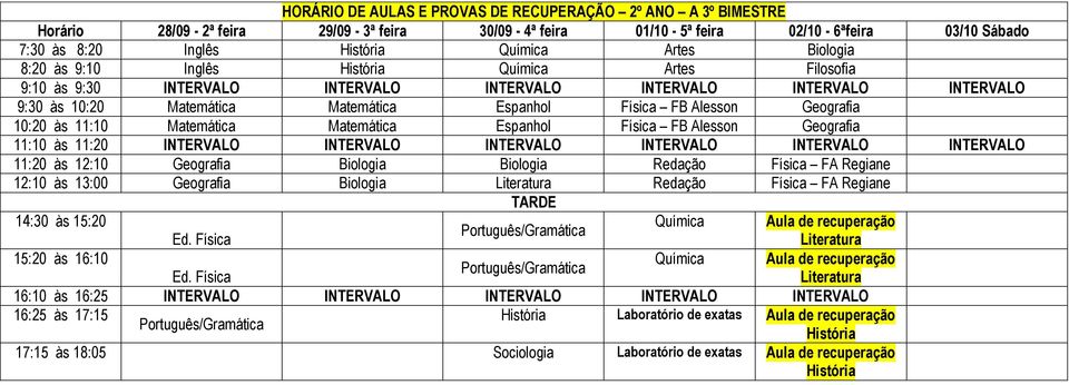 Artes 9:30 às 10:20 Espanhol FB Alesson 10:20 às 11:10 Espanhol